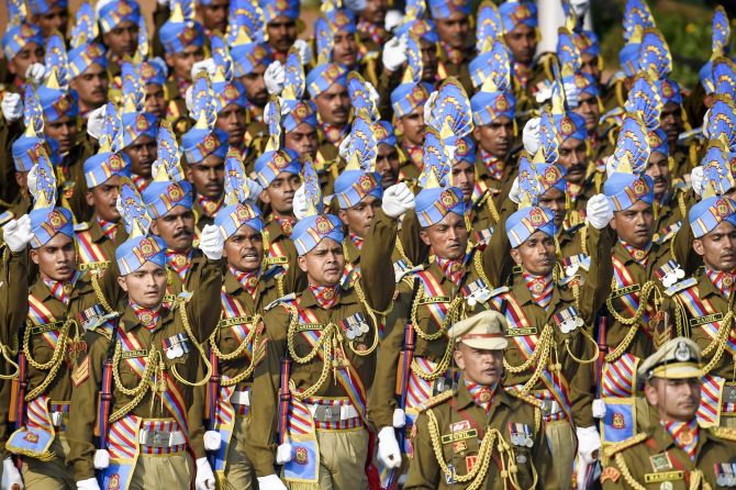 Central Reserve Police Force (CRPF) contingent marches during the 71st Republic Day Parade at Rajpath, in New Delhi, Sunday, Jan. 26, 2020. (PTI Photo/Kamal Singh) 