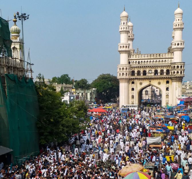 Protesters gather near Charminar to demonstrate against the Citizenship Amendment Act (CAA), in Hyderabad, on Friday. Photograph: PTI Photo