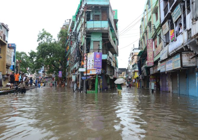 Varanasi: A view of waterlogged streets after heavy rains in Varanasi, Saturday, Sept 28, 2019. (PTI Photo)  