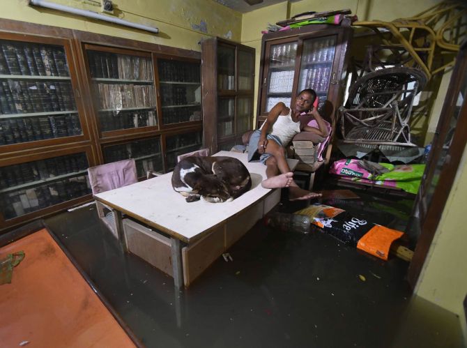  A man with a dog sits on a table after flood waters entered a library following heavy rainfall, in Patna, Saturday, Sept.28, 2019. (PTI  Photo)