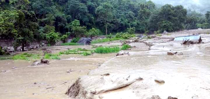 Rising water levels of the Chathe River on August 28 wrecked havoc to paddy fields and infrastructure in Thekrujuma.