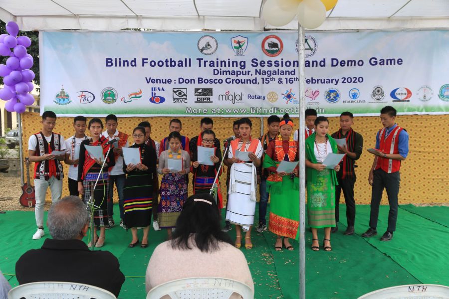 AIDA DB-Tech Trainees presenting song during Nagaland Blind Football Demo/training camp at Don Bosco Hr Sec School Ground on February 15. (Morung Photo by Soreishim Mahong)