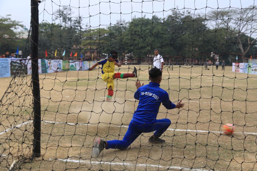 Students of visually impaired plays demo during Nagaland Blind Football Demo/training camp at Don Bosco Hr Sec School Ground on February 15. (Morung Photo by Soreishim Mahong)