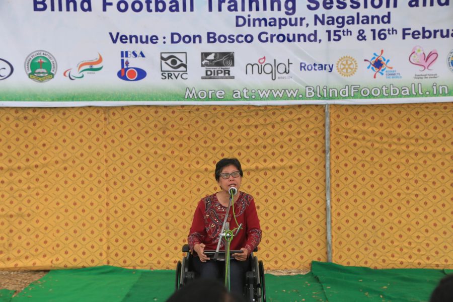 Ms. Diethono Nakhro (State Commissioner for Persons with Disablity, Nagaland) giving a short speech during Nagaland Blind Football Demo/training camp Inauguration at Don Bosco Hr Sec School Ground on February 15. (Morung Photo by Soreishim Mahong)