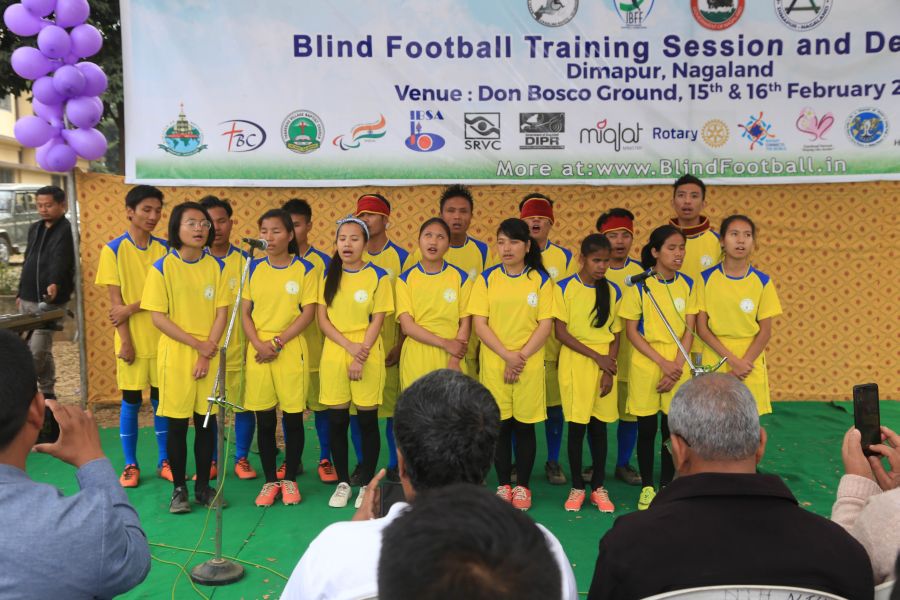 Students of visually impaired presenting song during Nagaland Blind Football Demo/training camp at Don Bosco Hr Sec School Ground on February 15. (Morung Photo by Soreishim Mahong)