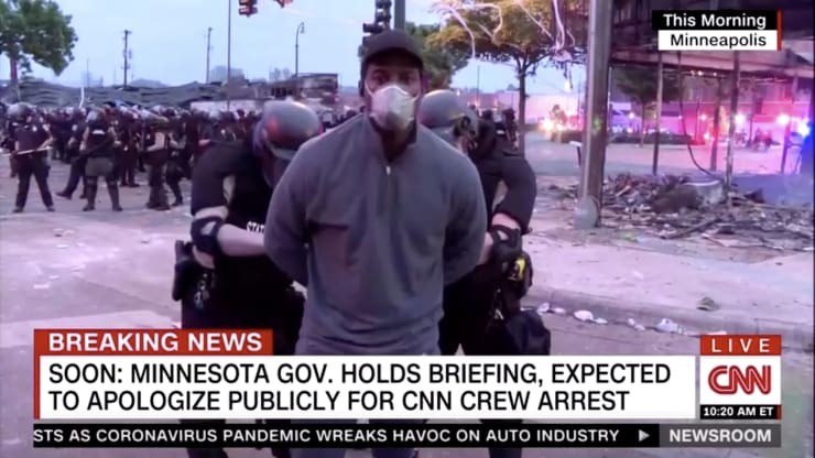 Police arrest a member of a CNN crew broadcasting live while covering protests related to the death of of African-American man George Floyd, in Minneapolis, Minneapolis, Minnesota, U.S. May 29, 2020, in this still image taken from video. (ReutersTV Photo)