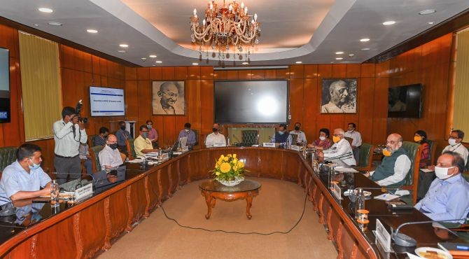 Union home minister Amit Shah holds a meeting with health minister Harsh Vardhan, Delhi CM Arvind Kejriwal and others to discuss the COVID-19 situation in Delhi, at North Block. Photograph: Shahbaz Khan/PTI Photo