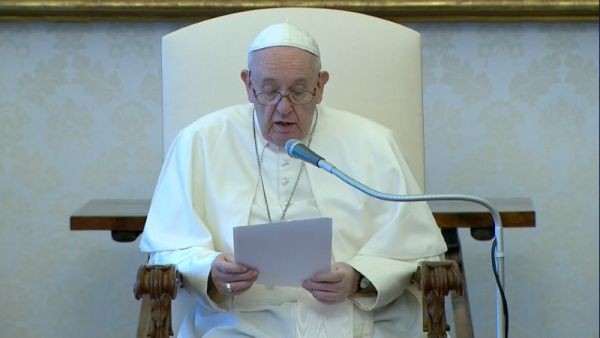 Pope Francis speaks during his weekly general audience after giving a message to people of the United States, honouring George Floyd and saying "no one can turn a blind eye to racism", in this still image taken from video at the Vatican on June 3, 2020. (REUTERS Photo)