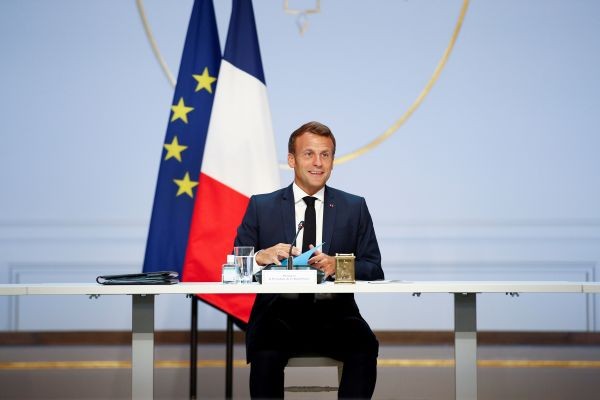 French President Emmanuel Macron meets with trade unions and employers' representatives amid the coronavirus disease (COVID-19) outbreak, at the Elysee Palace in Paris, France on June 4, 2020. (REUTERS  Photo)