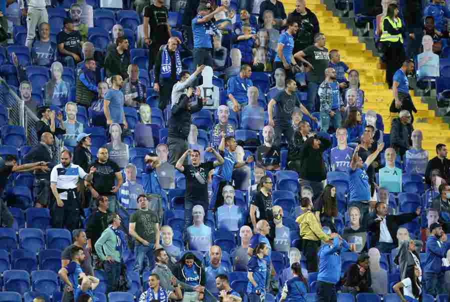 Levski Sofia fans react among cardboard cut outs in the stands, as play resumes following the outbreak of COVID-19. (Reuters Photo)