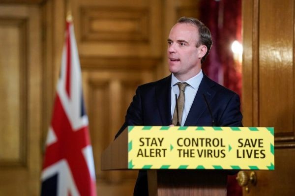 Britain's Secretary of State for Foreign Affairs Dominic Raab speaks at the daily digital news conference on the coronavirus disease (COVID-19) outbreak, at 10 Downing Street in London, Britain on May 18, 2020. (REUTERS File Photo)