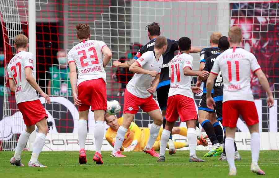 SC Paderborn's Christian Strohdiek scores their first goal, as play resumes behind closed doors following the outbreak of COVID-19 on June 6. (Reuters Photo)