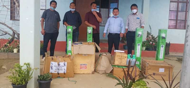 Advisor IP&R, SCERT, VG and Chairman DPDB Tuensang Toshi Wungtong reached out to Shamator and Chessore community by contributing four Thermal Scanners, four sanitizer dispenser, 10 PPE suits, 3000 mask, hand sanitizers, PA Systems and handed over to Lankonsen Tsanglao ADC Shamator for Shamator and Chessore. (DIPR Photo) 