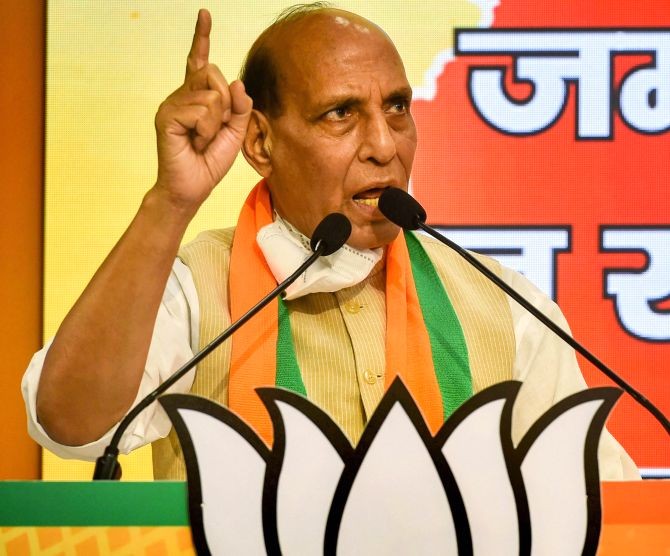 Defence Minister Rajnath Singh addresses the 'Jammu and Kashmir Jan-Samvad' virtual rally at the Bharatiya Janata Party HQ in New Delhi. Photograph: Arun Sharma/PTI Photo