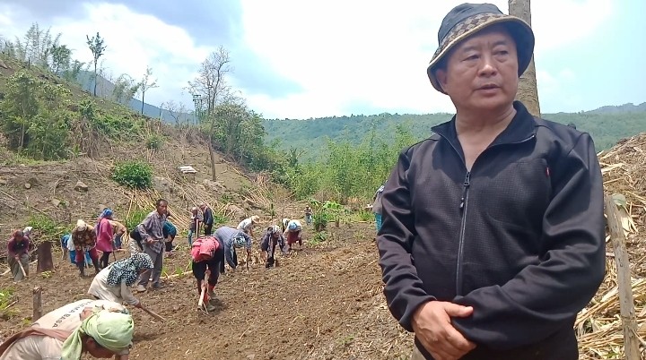 Pele Khezhie and villagers engage in paddy sowing on June 2 at Viphoma. (Morung Photo)