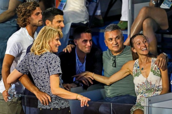 The Djokovic family: (Left to Right) Novak's mother Dijana, Novak Djokovic, Novak's brothers Marko and Djordje, Novak's father Srdjan and Novak's wife Jelena pose during the Adria Tour Final match between Dominic Thiem and Filip Krajinovic on June 14 in Belgrade, Serbia. Photograph: Srdjan Stevanovic/Getty Images