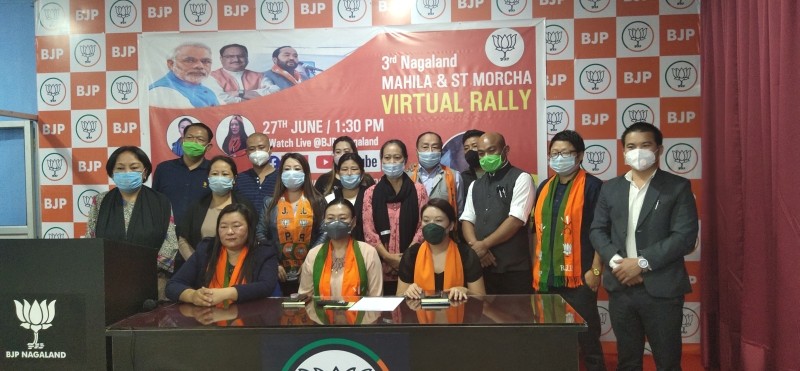 Members during the BJP Nagaland 3rd virtual rally for State Mahila and Schedule Tribe (ST) Morchas with National BJP Mahila Morcha vice president A Sharda Devi addressing the gathering through video conferencing at BJP Headquarter Kohima on June 27.
