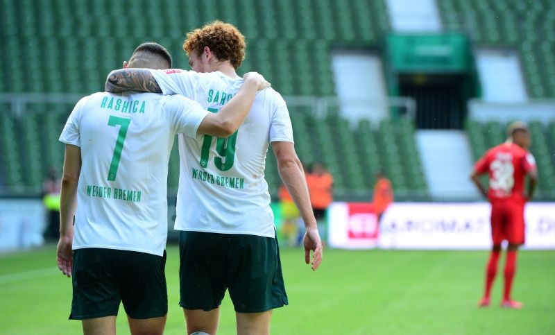 Bremen's Joshua Sargent celebrates scoring their sixth goal, following the resumption of play behind closed doors after the outbreak of the coronavirus disease (COVID-19) Patrik Stollarz/Pool via REUTERS/File photo