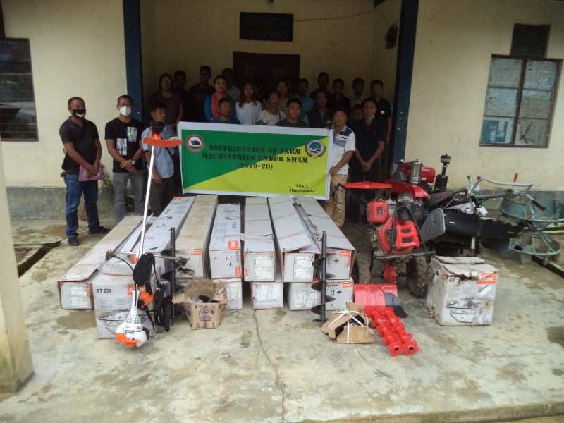 Department of Agriculture, Mangkolemba distributed farm machineries such as Power tiller, power cultivator, Brush cutters and post hole digger under SMAM on June 1. SDAO, Mangkolemba A Temsu Aier distributed the machineries to 30 farmer beneficiaries. (Photo Courtesy: SDAO, Mangkolemba)