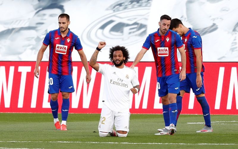 Real Madrid's Marcelo celebrates scoring their third goal, as play resumes behind closed doors following the outbreak of the coronavirus disease (COVID-19) REUTERS/Susana Vera