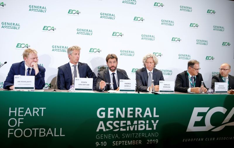 FILE PHOTO: European Club Association (ECA) Chairman Andrea Agnelli and other ECA representatives hold news briefing after the 23rd ECA General Assembly in Geneva, Switzerland, September 10, 2019. REUTERS/Denis Balibouse/File Photo