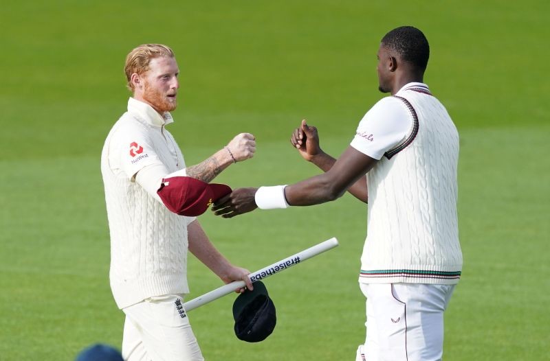 Cricket - Second Test - England v West Indies - Emirates Old Trafford, Manchester, Britain - July 20, 2020 England's Ben Stokes with West Indies' Jason Holder after winning the test, as play resumes behind closed doors following the outbreak of the coronavirus disease (COVID-19) Jon Super/Pool via REUTERS