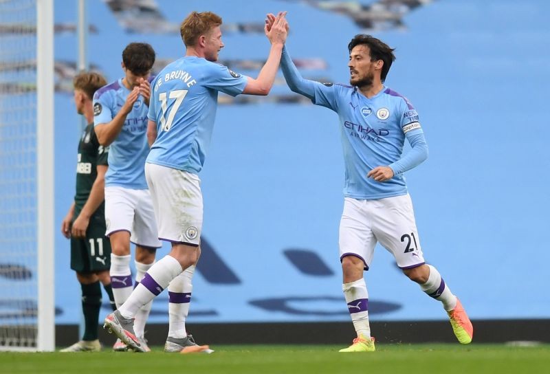 Manchester City's David Silva celebrates scoring their fourth goal with Kevin De Bruyne, as play resumes behind closed doors following the outbreak of the coronavirus disease (COVID-19) Michael Regan/Pool via REUTERS