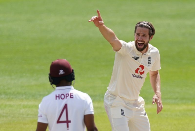 Cricket - Second Test - England v West Indies - Emirates Old Trafford, Manchester, Britain - July 19, 2020 England's Chris Woakes appeals, as play resumes behind closed doors following the outbreak of the coronavirus disease (COVID-19) Jon Super/Pool via REUTERS