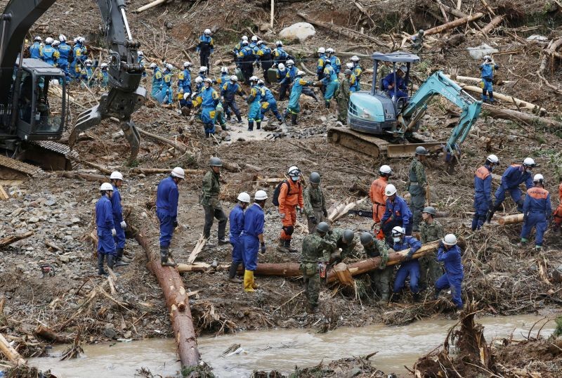 Rescue workers search for missing people at a landslide site caused by torrential rain in Tsunagi town, Kumamoto Prefecture, southwestern Japan  in this photo taken by Kyodo on July 6, 2020. (REUTERS Photo)