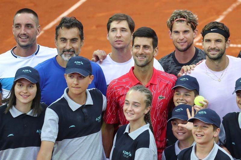 Serbia's Viktor Troicki, Nenad Zimonjic, Dusan Lajovic, Novak Djokovic, Austria's Dominic Thiem and Bulgaria's Grigor Dimitrov during Adria Tour at Novak Tennis Centre in Belgrade, Serbia, June 12, 2020. Picture taken June 12, 2020. REUTERS/Marko Djurica/File Photo