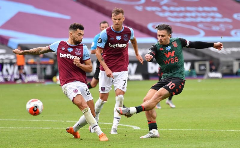 Aston Villa's Jack Grealish scores their first goal, as play resumes behind closed doors following the outbreak of the coronavirus disease (COVID-19) Pool via REUTERS/Justin Setterfield