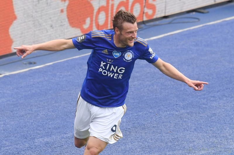 Leicester City's Jamie Vardy celebrates scoring their third goal, as play resumes behind closed doors following the outbreak of the coronavirus disease (COVID-19) Michael Regan/Pool via REUTERS