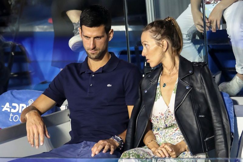 Serbia's Novak Djokovic with his wife Jelena in the stands during Adria Tour at Novak Tennis Centre in Belgrade, Serbia, June 14, 2020. Picture taken June 14, 2020. REUTERS/Marko Djurica