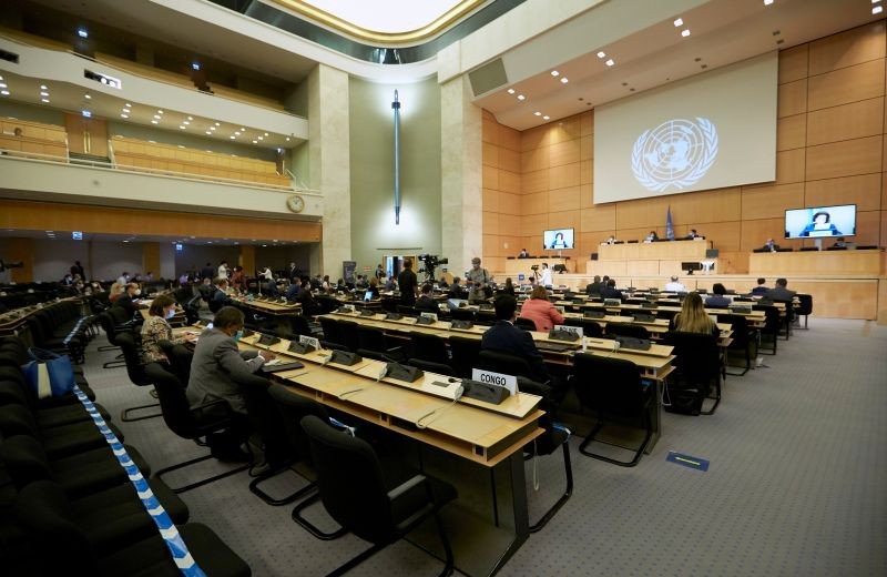Delegates wearing protective face masks attend the 44th session of the Human Rights Council at the European headquarters of the United Nations in Geneva, Switzerland on June 30, 2020. (REUTERS File Photo)