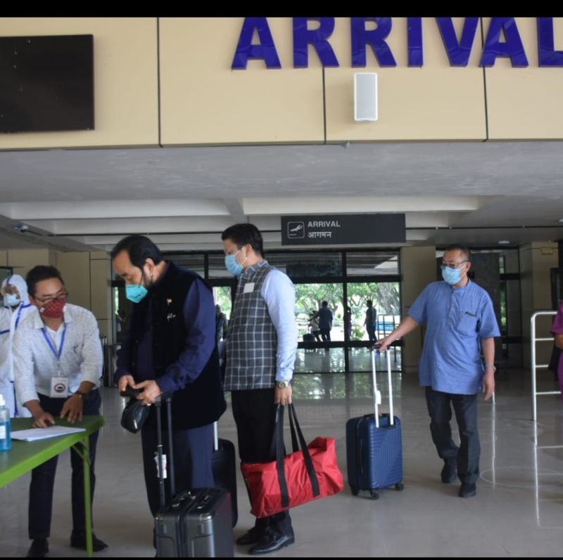 Nagaland Deputy Chief Minister, Y Patton, Health Minister and Family Welfare Minister, Pangnyu Phom and PHED Minister Jacob Zhimomi register themselves after arriving at Dimapur airport on July 16. (DIPR Photo)