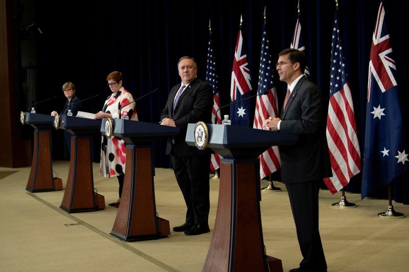 Australia's Minister of Defense Linda Reynolds, Australia's Foreign Minister Marise Payne and U.S. Secretary of State Mike Pompeo listen while U.S. Secretary of Defense Mark Esper speaks during a news conference at the U.S. Department of State following the 30th AUSMIN in Washington, DC on July 28, 2020. (REUTERS Photo)