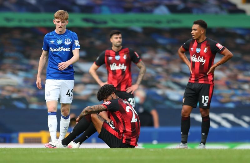 Bournemouth players look dejected at the end of the match after being relegated from the Premier League, as play resumes behind closed doors following the outbreak of the coronavirus disease (COVID-19) Pool via REUTERS/Catherine Ivill