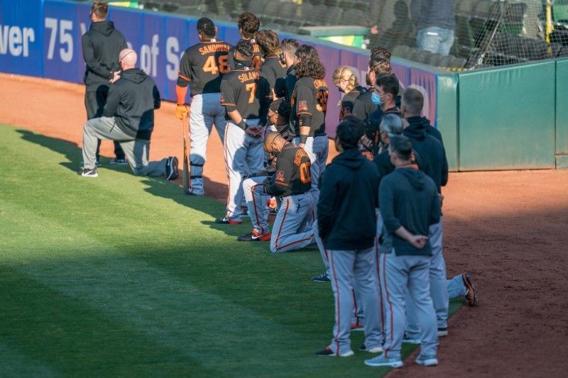 San Francisco Giants during the National Anthem before the start of the game against the Oakland Athletics at Oakland Coliseum. (Neville E. Guard-USA TODAY Sports)