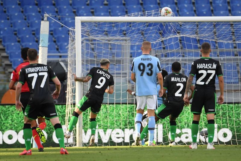 Sassuolo's Francesco Caputo scores their second goal, following the outbreak of the coronavirus disease (COVID-19) REUTERS/Alberto Lingria