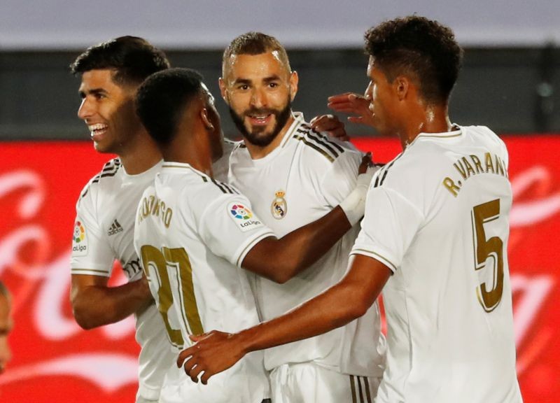 Real Madrid's Karim Benzema celebrates scoring their first goal, as play resumes behind closed doors following the outbreak of COVID-19. (Reuters Photo)
