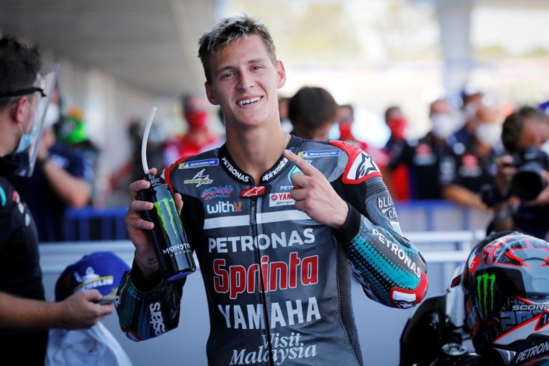 MotoGP - Andalucia Grand Prix - Circuito de Jerez, Jerez, Spain - July 25, 2020 Petronas Yamaha SRT's Fabio Quartararo reacts after qualifying in pole position motogp.com/Handout via REUTERS