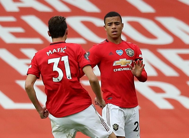 Manchester United's Mason Greenwood celebrates scoring their first goal with Nemanja Matic, as play resumes behind closed doors following the outbreak of the coronavirus disease (COVID-19) Pool via REUTERS/Martin Rickett