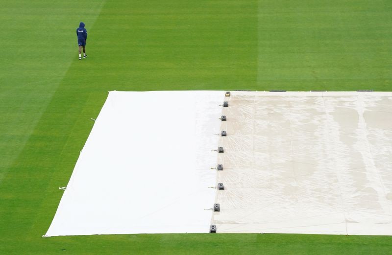 Cricket - Second Test - England v West Indies - Emirates Old Trafford, Manchester, Britain - July 18, 2020 General view of rain covers before the start of play, as play resumes behind closed doors following the outbreak of the coronavirus disease (COVID-19) Jon Super/Pool via REUTERS