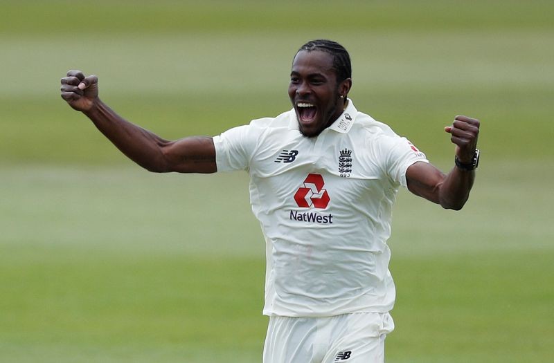 England's Jofra Archer celebrates taking the wicket of West Indies' Shamarh Brooks, as play resumes behind closed doors following the outbreak of the coronavirus disease (COVID-19) Adrian Dennis/Pool via REUTERS