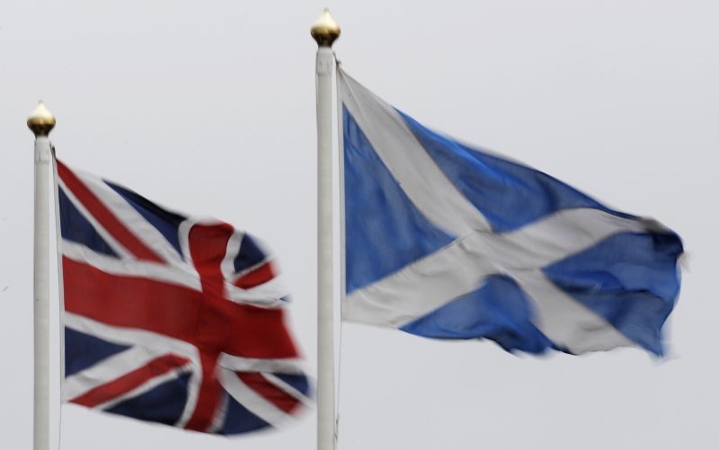 The Union flag and Saltire are seen flying side by side at Bankfoot in Perthshire ,Scotland on January 10, 2012. (REUTERS File Photo)