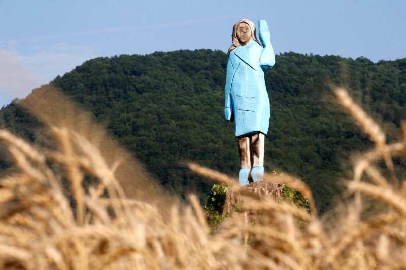 A life-sized wooden sculpture of U.S. first lady Melania Trump is officially unveiled in Rozno, near her hometown of Sevnica, Slovenia on July 5, 2019. (REUTERS File Photo)