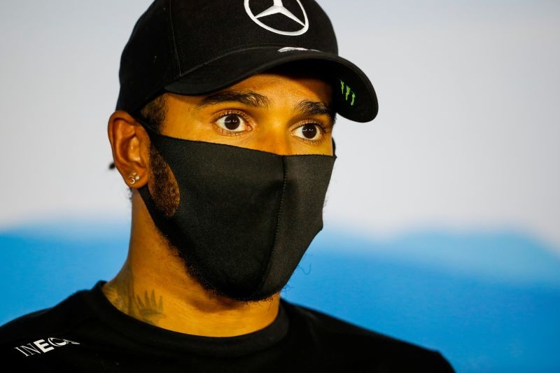 Race winner Mercedes' Lewis Hamilton during a press conference after the race FIA/Handout via REUTERS/Files