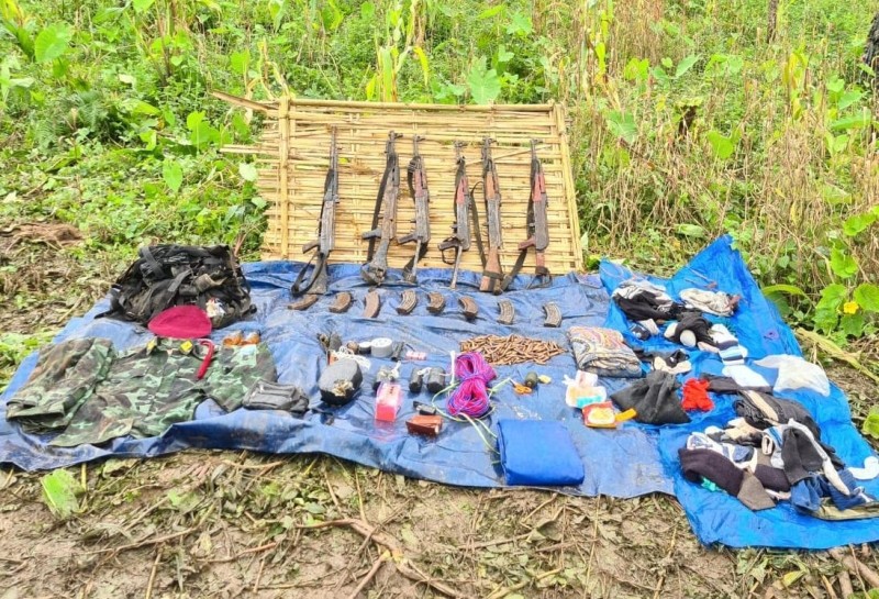 Photo released by the Defence PRO, Kohima shows arms, ammunition, IEDs, combat fatigues and other items recovered from the site of the gunfight. (Photo: Defence PRO, Kohima)