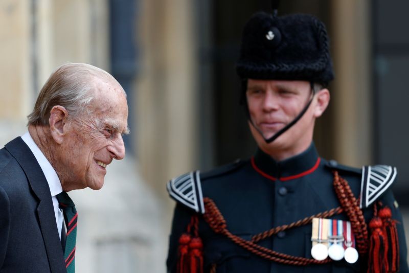 Britain's Prince Philip speaks to a bugler during the transfer of the Colonel-in-Chief of the Rifles at Windsor Castle in Britain on July 22, 2020. The Duke of Edinburgh will step down from his role as Colonel-in-Chief for the Rifles after 67 years of service. (REUTERS Photo)