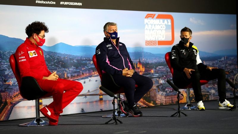 Ferrari Team Principal Mattia Binotto, Racing Point Team Principal Otmar Szafnauer and Renault Executive Director Marcin Budkowski during a press conference FIA/Handout via REUTERS